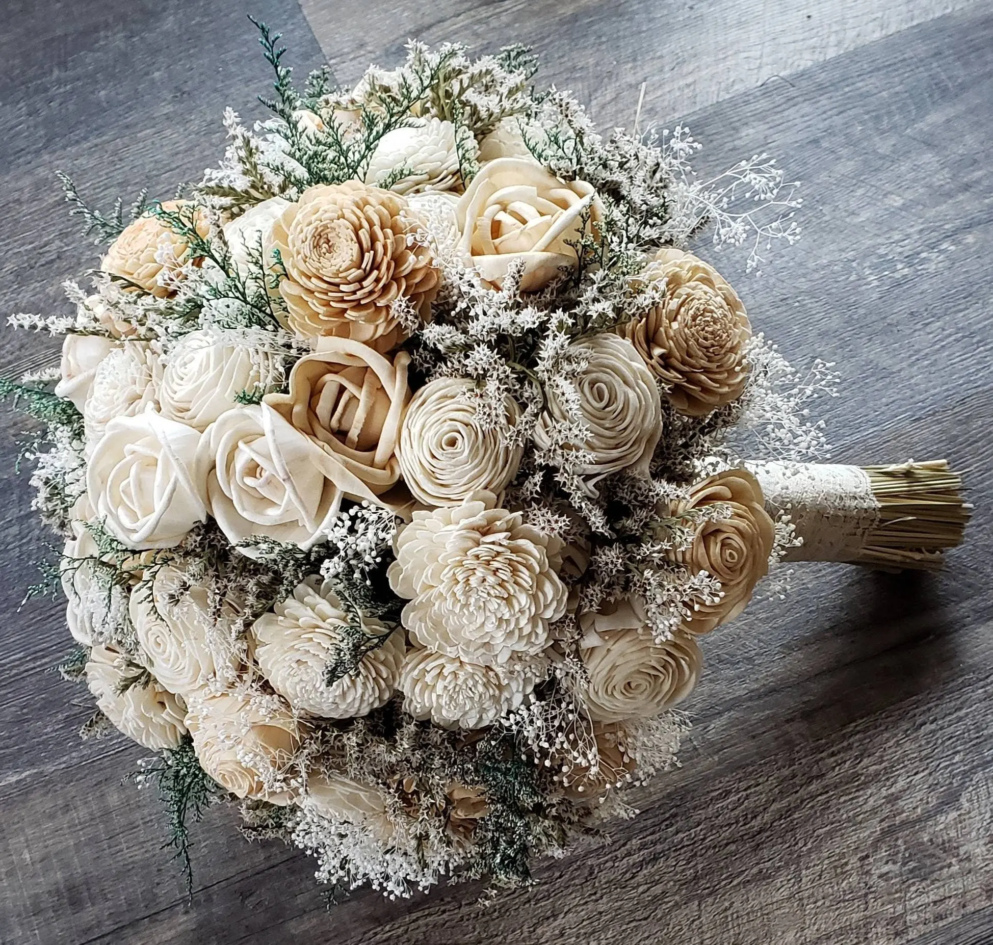 10 in Handmade Lightweight Sola Soft Wood Decorative Bouquet with Spongy Paper - Champagne, Ivory Ornament for Home Accent, Wedding Decor, 10 Inches