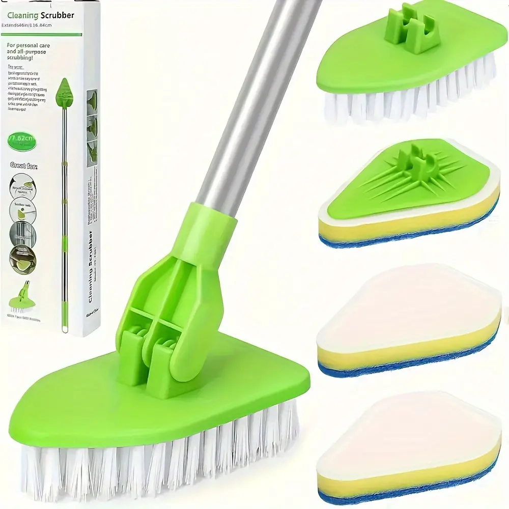 1set Long Handle Shower Cleaning Brush, 2-In-1 Extendable Bathtub and Tile Floor Mop, 3 Sponge Heads & Hard Bristles, Bathroom Kitchen Cleaner Tool, Bathroom Accessory, Multipurpose Brush, Bathroom Scrubber