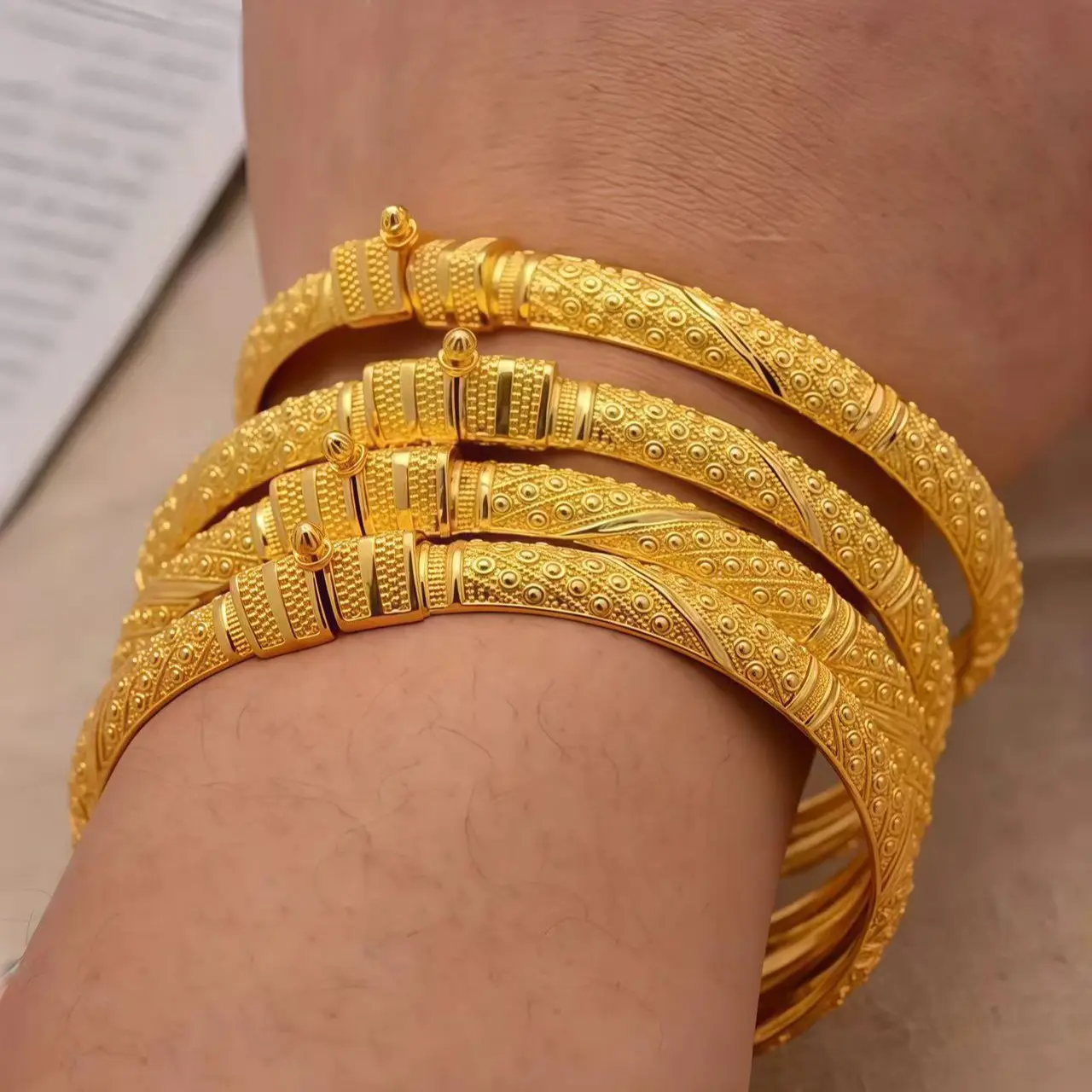 Elegant Gold-Plated Beaded Open Bangle Stacks - Women's Classic Vintage Statement Jewelry, Gold Aesthetic All-Season Accessory, Everyday/Special Occasion Wear, Valentine’s Day Gift, TikTok Shop Spring Refresh Collection, Jewelry For Women, Gold Jewelry, W