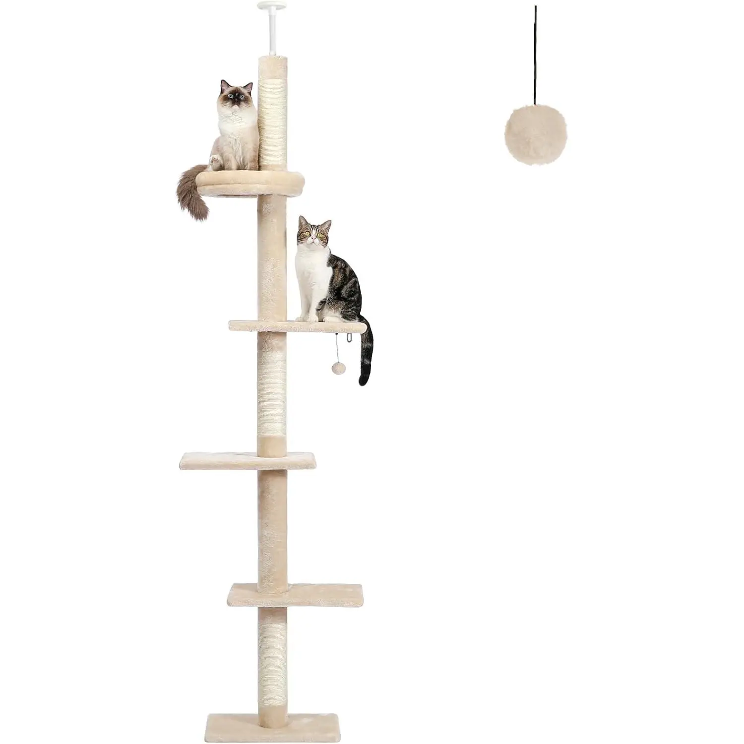 Sekko Claw Floor to Ceiling Cat Tree, Cat Tower 5-Tier Height(95-107 Inches) Adjustable, Tall Cat Climbing Tree Featuring with Scratching Post, Cozy Bed,Interactive Ball Toy for Indoor Cats/Kitten Beige Vertical Scratcher