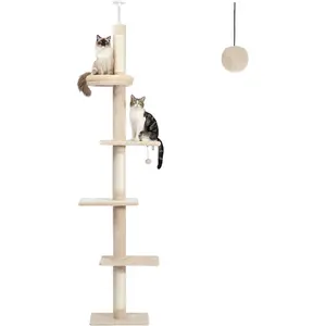 Sekko Claw Floor to Ceiling Cat Tree, Cat Tower 5-Tier Height(95-107 Inches) Adjustable, Tall Cat Climbing Tree Featuring with Scratching Post, Cozy Bed,Interactive Ball Toy for Indoor Cats/Kitten Beige Vertical Scratcher