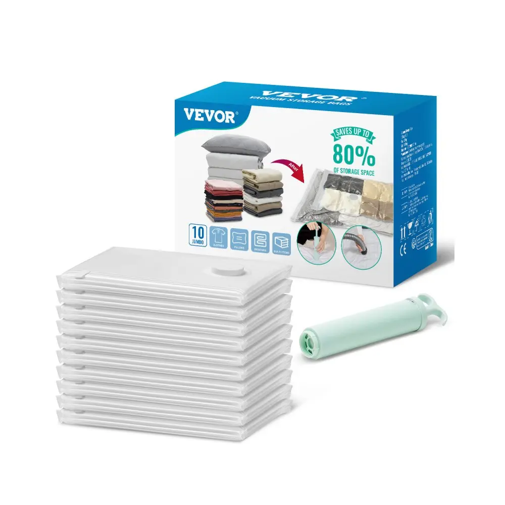 【DealsForYouDays】VEVOR Vacuum Storage Bags, 10 Jumbo Space Saver Vacuum Seal Bags, Compression Airtight Space Bags, Zipper Sealer Bags for Clothes, Bedding, Blanket, Pillows, Comforters, Travel (Hand Pump Included)