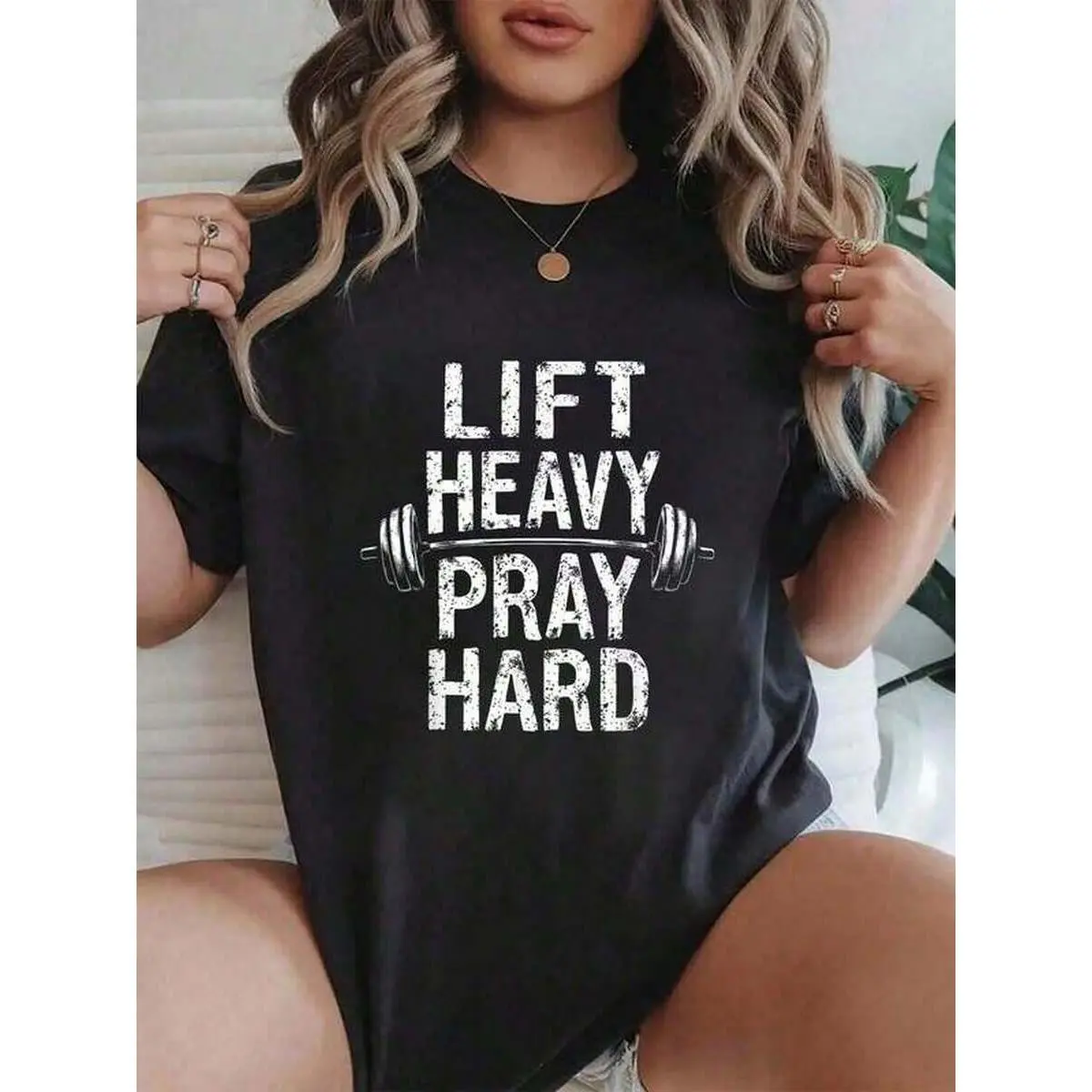 Women's Graphic Print Cotton T-Shirt - 'Lift Heavy Pray Hard' Casual Streetwear Top with Round Neck, Short Sleeves, Breathable Daily Wear Tshirt