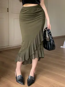 Sexy Asymmetrical Midi Skirt, Womenswear Bottoms, Plain Mesh Fabric, Fitted Casual Style, All Season Wear, Moderate Thick Kint Material