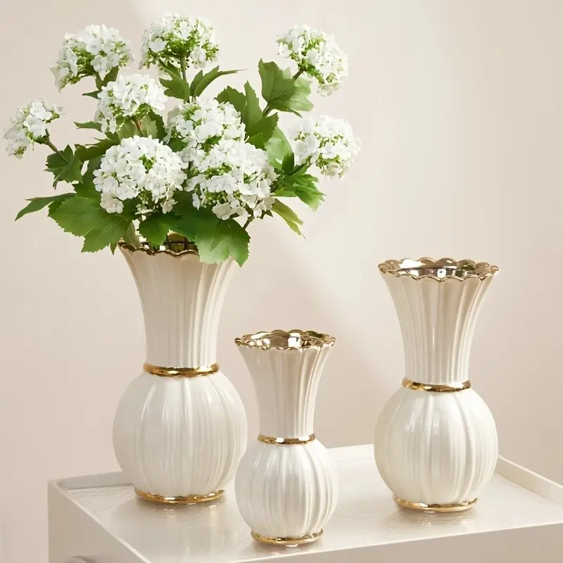 Creamy Style Ceramic Decorative Flower Vase, High-End Water Culture Rose Arrangement, Home Decor Vase, Vintage French Living Room Dining Table Decor Art, Decorative Flower Vessel