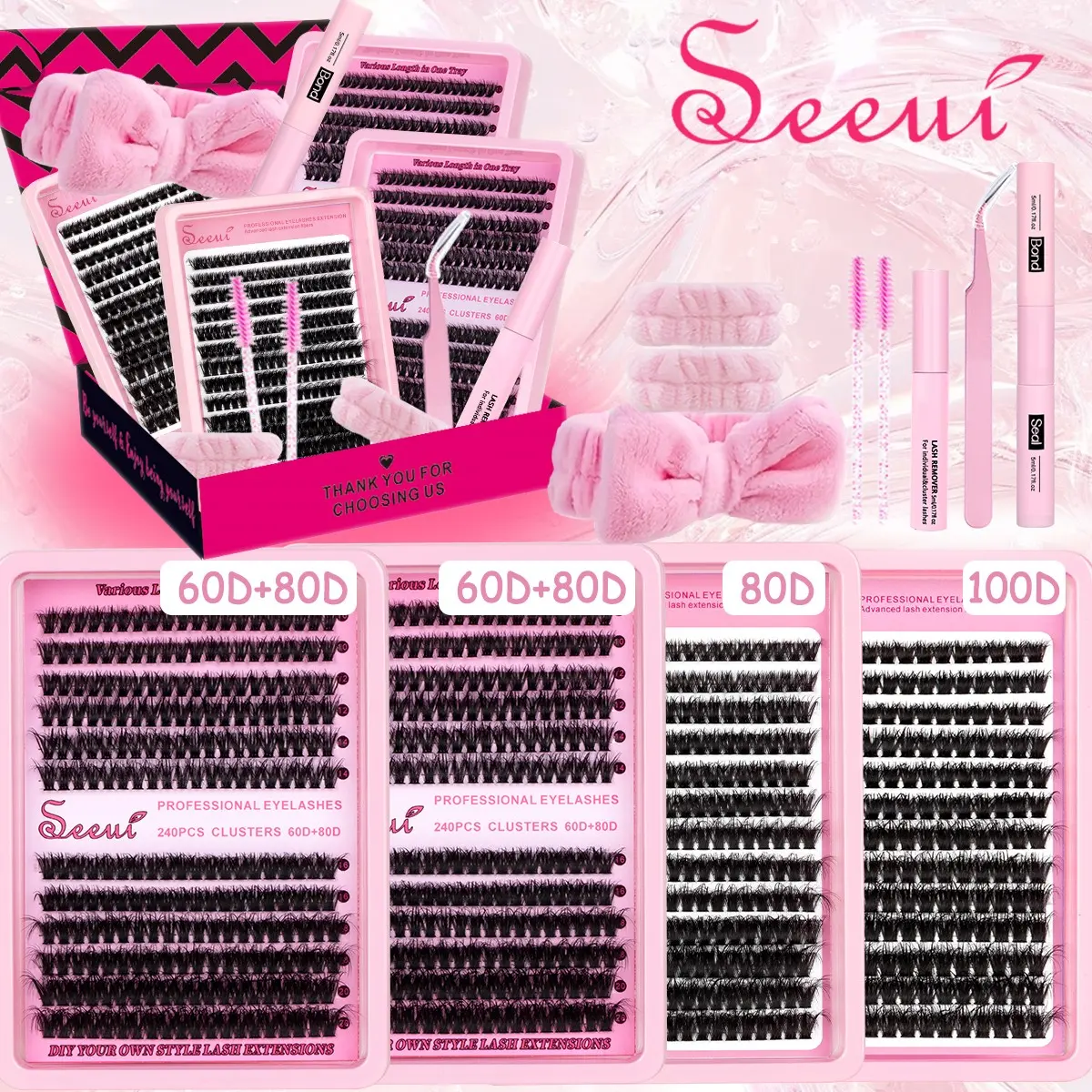 Volume Lash Clusters Kit, 4 Lashes, Dense Curled, Long-Lasting Waterproof Lashes, Fluffy Look Eyelash Extensions with Accessories, Bond & Seal & Remover & Eyelash Tweezers & Brush, Beginner Friendly Eyelashes, Perfect for Beginners
