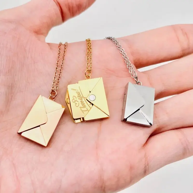 Envelope Locket Necklace for Women, Elegant Gold Pendant with Hidden 'Best wish to Monica' Letter, Romantic Valentine's Day Jewelry Gift, Female, Letter Necklaces, Personalized Message Necklaces