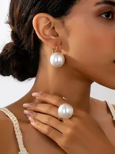 Elegant Faux Pearl Drop Jewelry Set for Women, Includes Ring & Earrings, Matching Jewelry Set, Perfect for Parties, Gifts, Daily Wear, Fashion Accessories, Wedding Set Earrings, Glamour Set