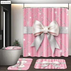 1/3/4PCS Pink Background with Silver Ribbon and White Bow Shower Curtain Set with Rugs, Non Slip Bath Mat, U-Shape Carpet, Toilet Lid Cover, Bathtub Curtain Accessories, 12 Hooks, Home Bathroom Festival Decor