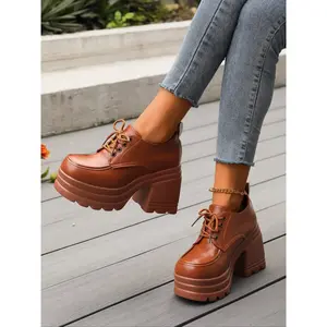 Women's Mary Jane Loafers Thick Sole PU Leather Round Toe Lace-Up Height Increasing Shoes Spring & Fall Fashion Oxford Shoes