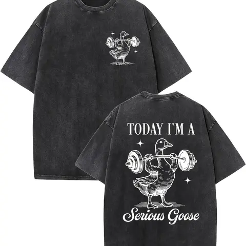 BACK TO SCHOOLMen's 230gsm 100% Cotton Shortsleeve Round Neck Vintage Graphic T-Shirt - "Today I Am Serious" Goose Pattern, Heavyweight Loose Distressed Washed, Double-Sided Print, Drop Shoulder, Ribbed Collar, Casual Streetwear, Festive Gift for BF, Men'