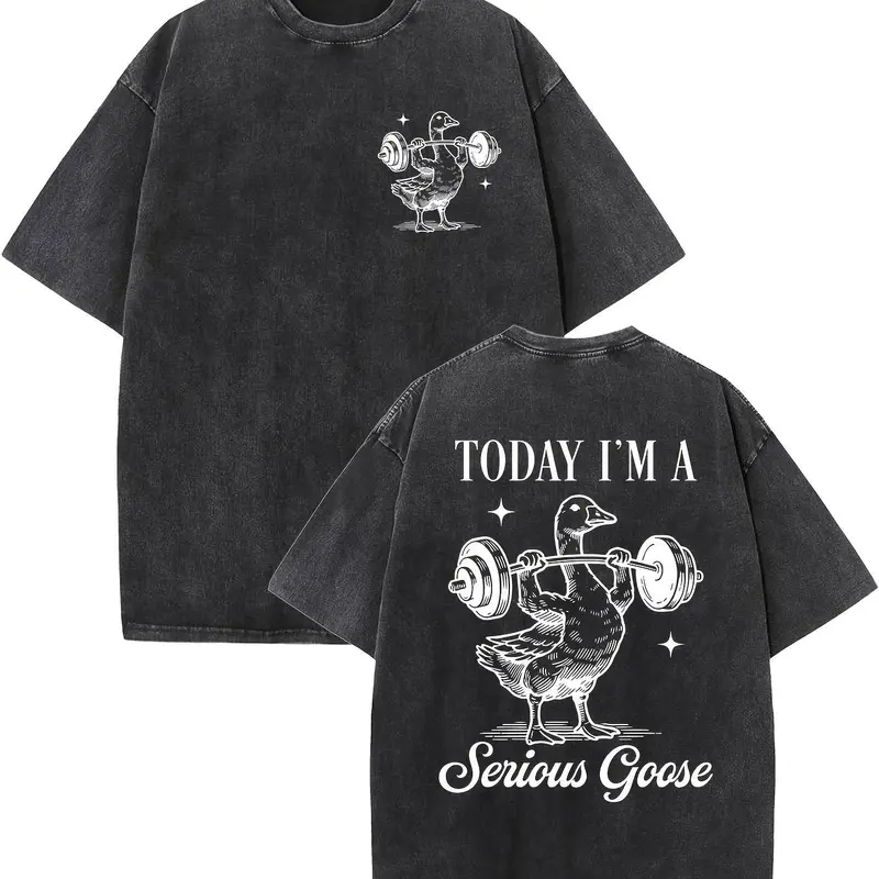BACK TO SCHOOLMen's 230gsm 100% Cotton Shortsleeve Round Neck Vintage Graphic T-Shirt - "Today I Am Serious" Goose Pattern, Heavyweight Loose Distressed Washed, Double-Sided Print, Drop Shoulder, Ribbed Collar, Casual Streetwear, Festive Gift for BF, Men'