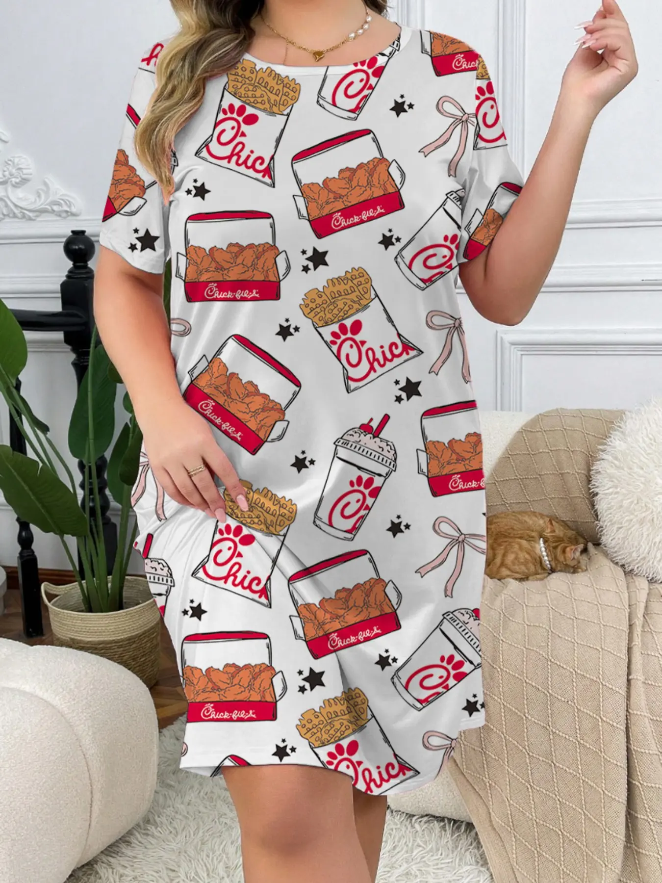 Women's Plus Size Oversized Cartoon Print Sleep Dress Loungewear Pajama Dresses, Short Sleeve Round Neck Comfortable Casual Nightwear, Food Fried Chicken Design, Perfect for Cozy Nights, Soft Sleepwear Loungewear