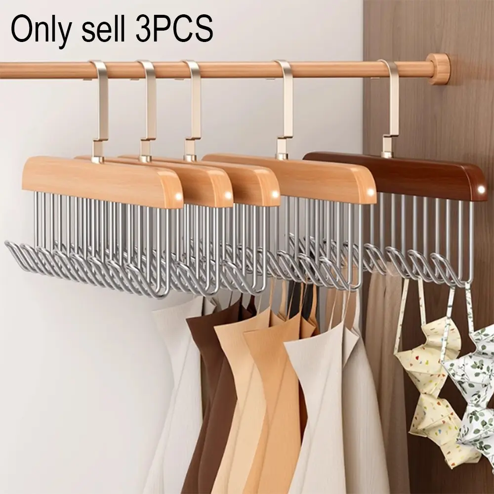 3pcs Wooden With 8 Rustproof Sturdy Hooks, Sturdy Hanging Design, Space Saving Multipurpose Heavy Duty 360° Rotating Wardrobe Storage Organizer for Tank Tops, Swimwear, Bras, Scarves, Hats, Belts, Ideal Home Furnishings, Vintage Wooden Hangers