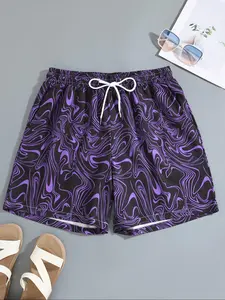 Men's Regular Fit Random Pattern Drawstring Waist Beach Shorts, Casual Comfy Swimming Shorts for Summer, Men's Shorts for Beach Vacation, Swimwear Shorts