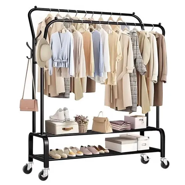 Heavy Duty Clothes Rack for Hanging Clothes, Metal Rolling Garment Clothing Racks with Wheels Double-Rod 8 Hangers 2 Shoe Shelves, Black