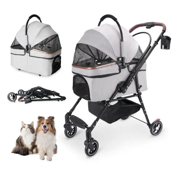 4-Wheel Foldable Pet Stroller for Dogs & Cats – 360° Rotating Wheels with Suspension & Brakes, Separable Carrier & Travel Bag, Adjustable Canopy, Cup Holders & Storage Basket for Small Animals