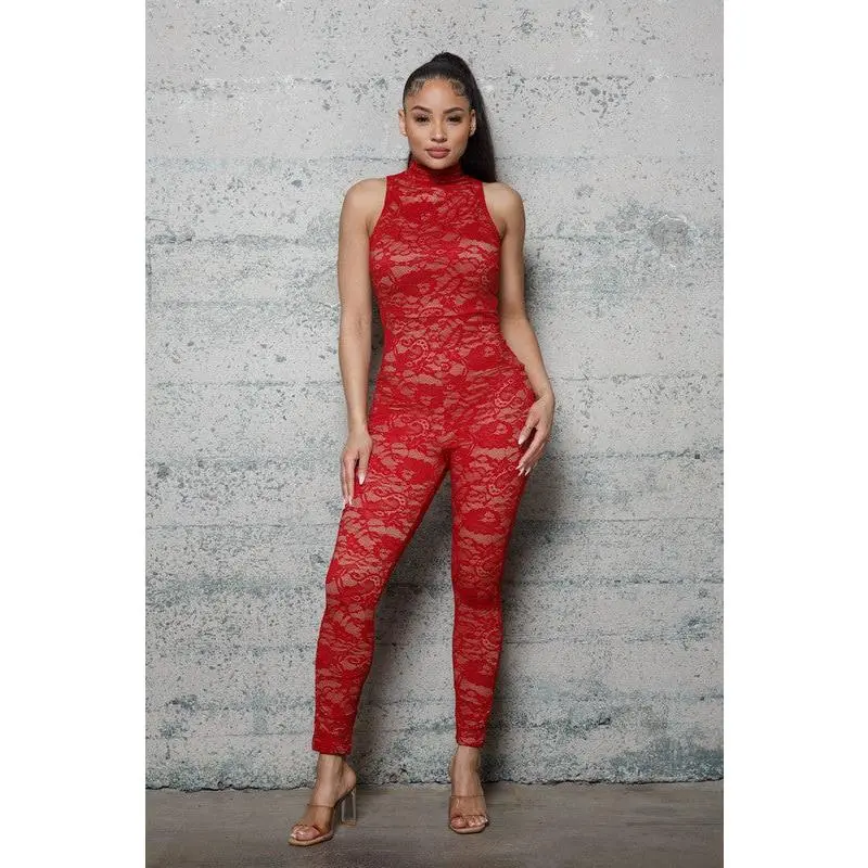 Mock neck Lace Jumpsuit