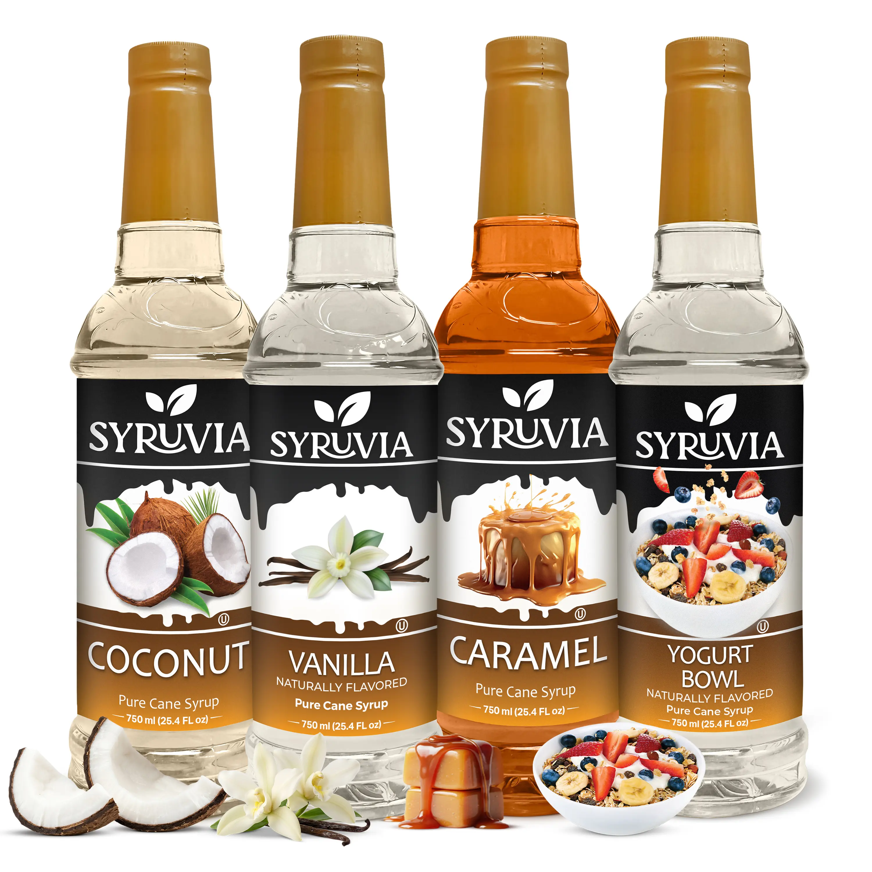 Syruvia Sweet Cafe Collection Variety Flavored Syrup - Coconut, Vanilla, Caramel, Yogurt Bowl - Gluten-Free Vanilla Syrups & Concentrates - For Lattes, Coffee - 25.4 oz Bottles (4 Pack)