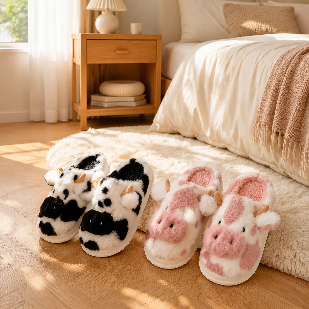 Women's Cow Cartoon Sports Slide Sandals - Memory Foam Soft Fuzzy Warm Slip-On Shoe, Anti-Skid Plush Walking Shoes, Warm and Cozy Indoor-Outdoor Footwear, Fuzzy Warm Slippers