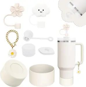 Stanley Cup Accessories Set,Including 2 Pcs 0.4In Straw Cover, 1 Silicone Spill-Proof Stopper Set of 3, 1 Cute Flower Handle Charm, 1 Silicone Boot Fits Stanley 40&30 Oz Tumbler (Cream) vikgle