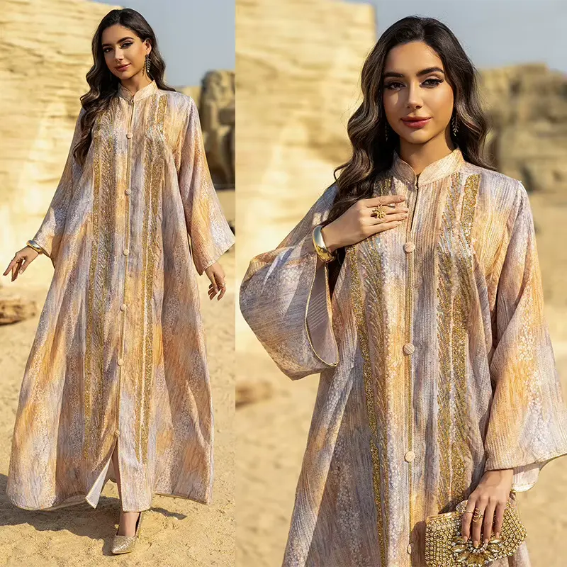 Women's Modest Traditional Abaya Silhouette Dress, Long Sleeve Modern Abaya Look with Gold-Silver Glam Brocade, Contemporary Style Versatile Wear for Holiday, All Seasons