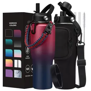 32 oz Insulated Tumbler with Paracord Handle - Metal Water Bottle with Straw & Pop-up Chug Lid, Carrying Case, Skinny Leak-proof Stainless Steel Tumbler Coffee Cup Fits in Car Cup Holder