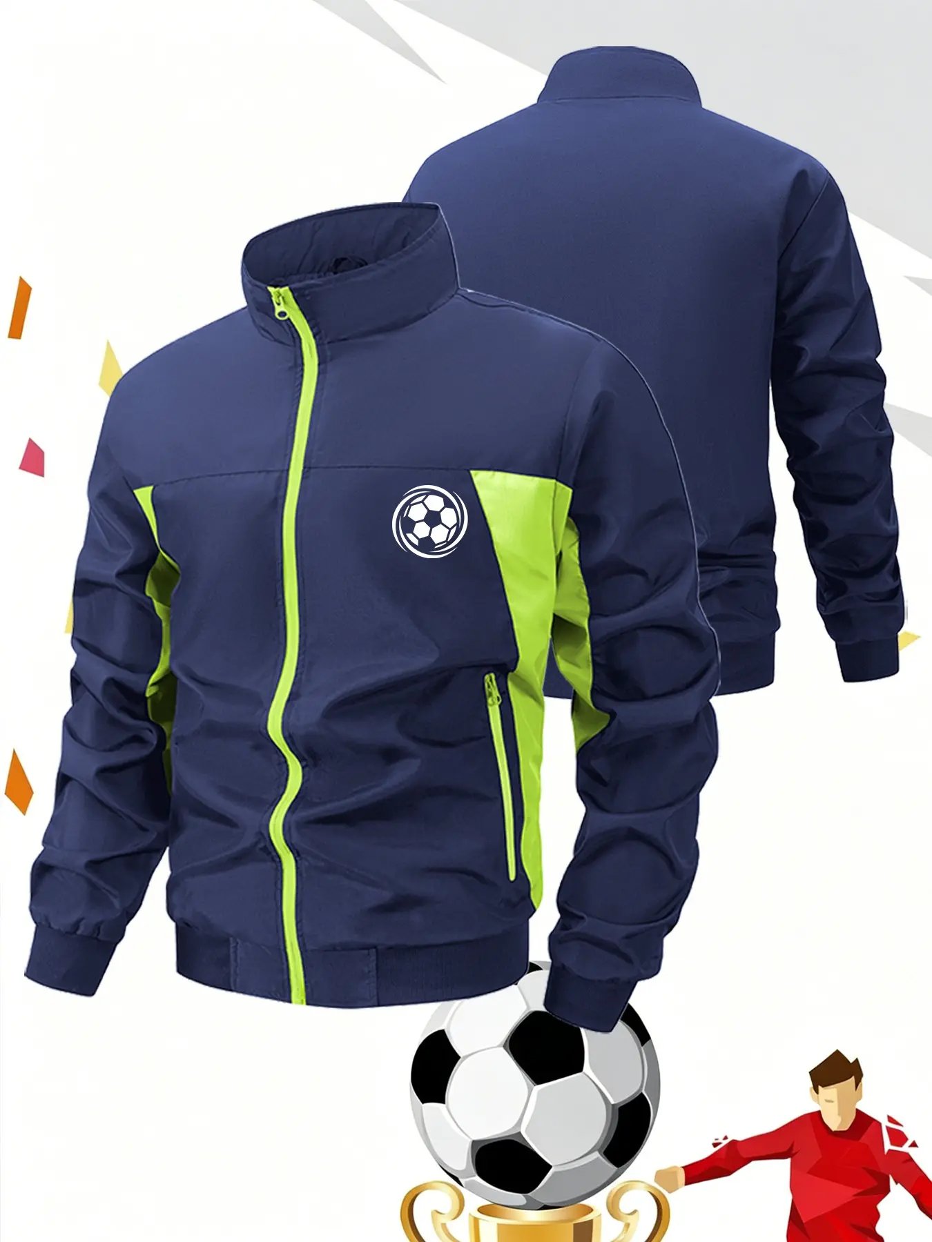 Men Contrast Panel Athletic Track Jacket Stand Collar Long Sleeve Full Zipper Zippered Sports Jacket Soccer Training Running Outerwear Soccer Ball Print Casual Outdoor Sports Fitness Coat Sport Coats Workout Jacket