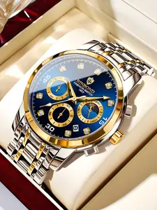 Men's Waterproof Stainless Steel Watch, High-End Sports Quartz Wristwatch with Luminous Date Display & Moon Phase Feature, Luminous Analog Watch