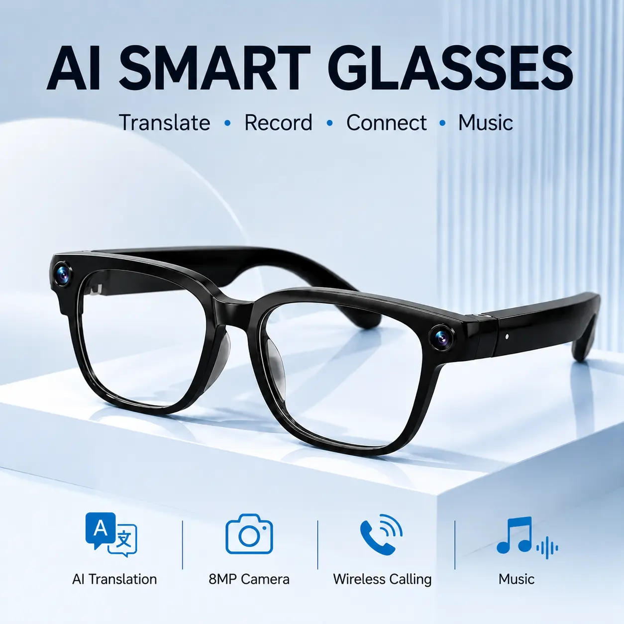 AI Smart Wearable Glasses - 8MP Camera, Recording Glasses Function, Photo & Video Capabilities, Translation, Bluetooth Music Player & Calls, Auto-Transition Lenses