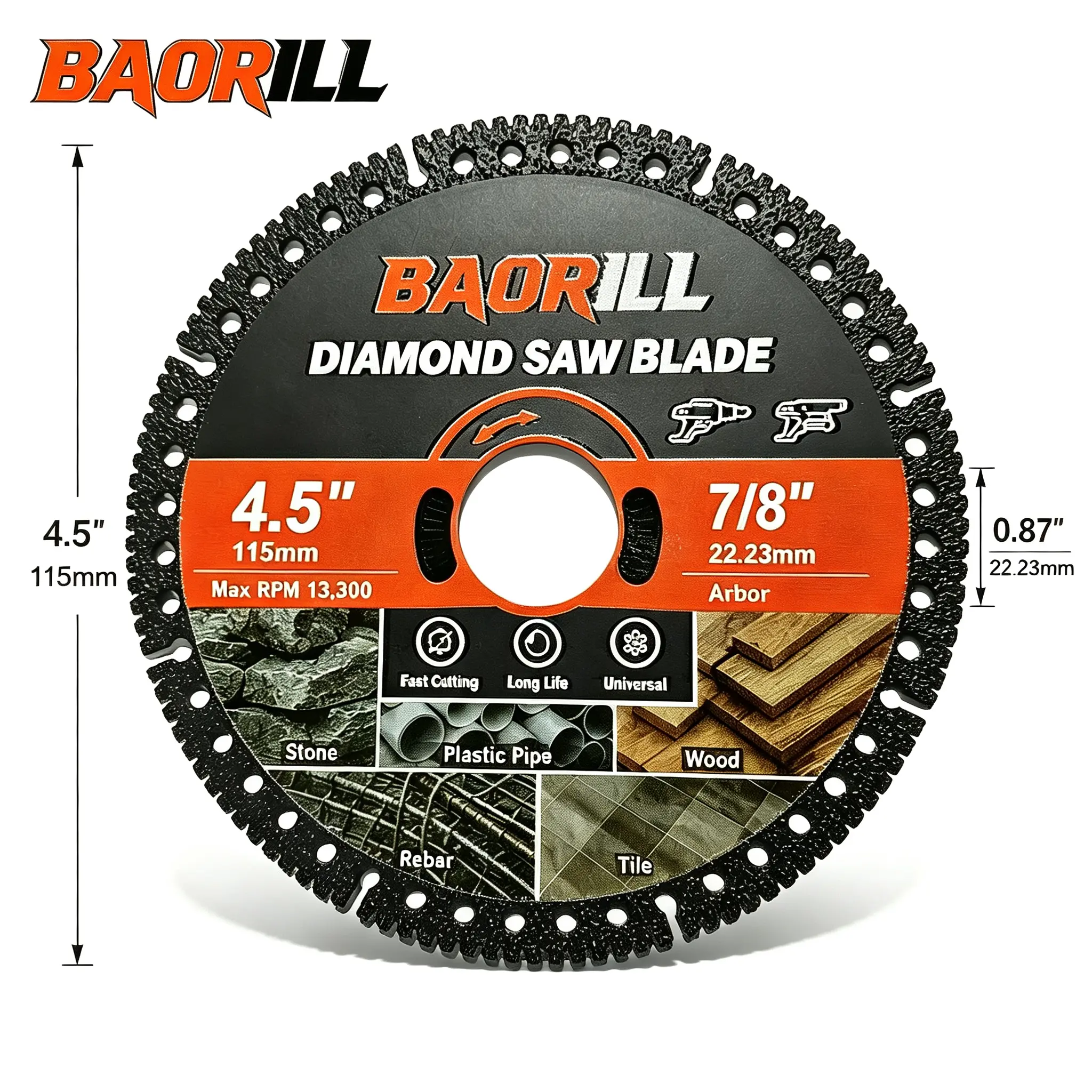 BAORILL 4.5" Ultra Durable Diamond Cutting Disc for Angle Grinder - High-Strength Steel Base, Low Vibration, 13300 RPM Fast Clean Cut, Premium Diamond Segments, Suitable for Stone, Tile, Plastic Pipe & Daily Use