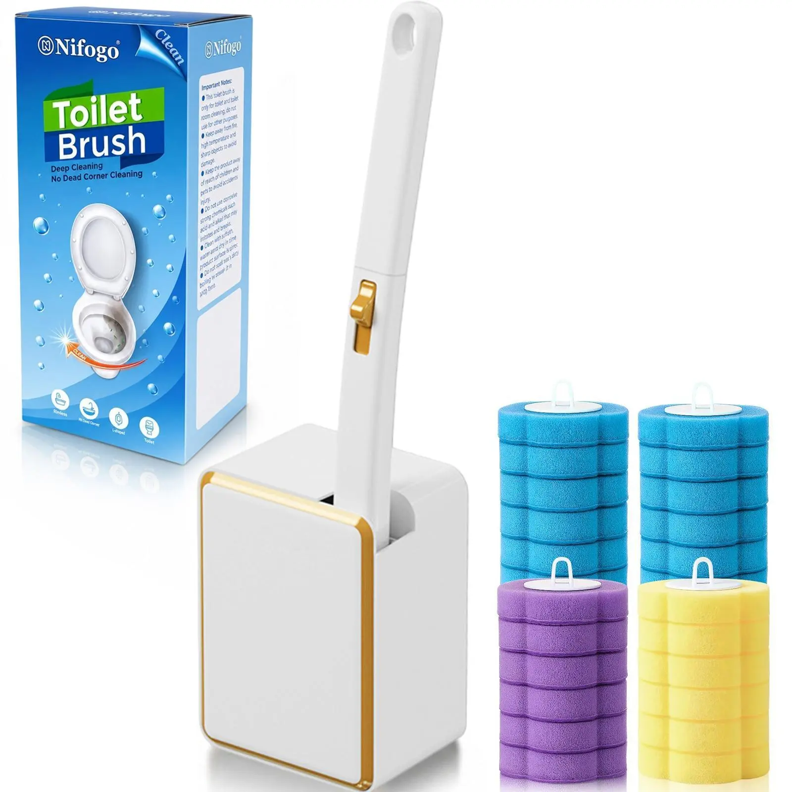 Square Gold Rim White Toilet Brush Set,Powerful Cleaning, Disposable Toilet Cleaner,with 24 Toilet Wand Refills (12 Ocean, 6 Lemon, 6 Lavender), for Toilet Bowl Cleaners,Bathroom Cleaning,Essential Tools for Summer Home Cleaning