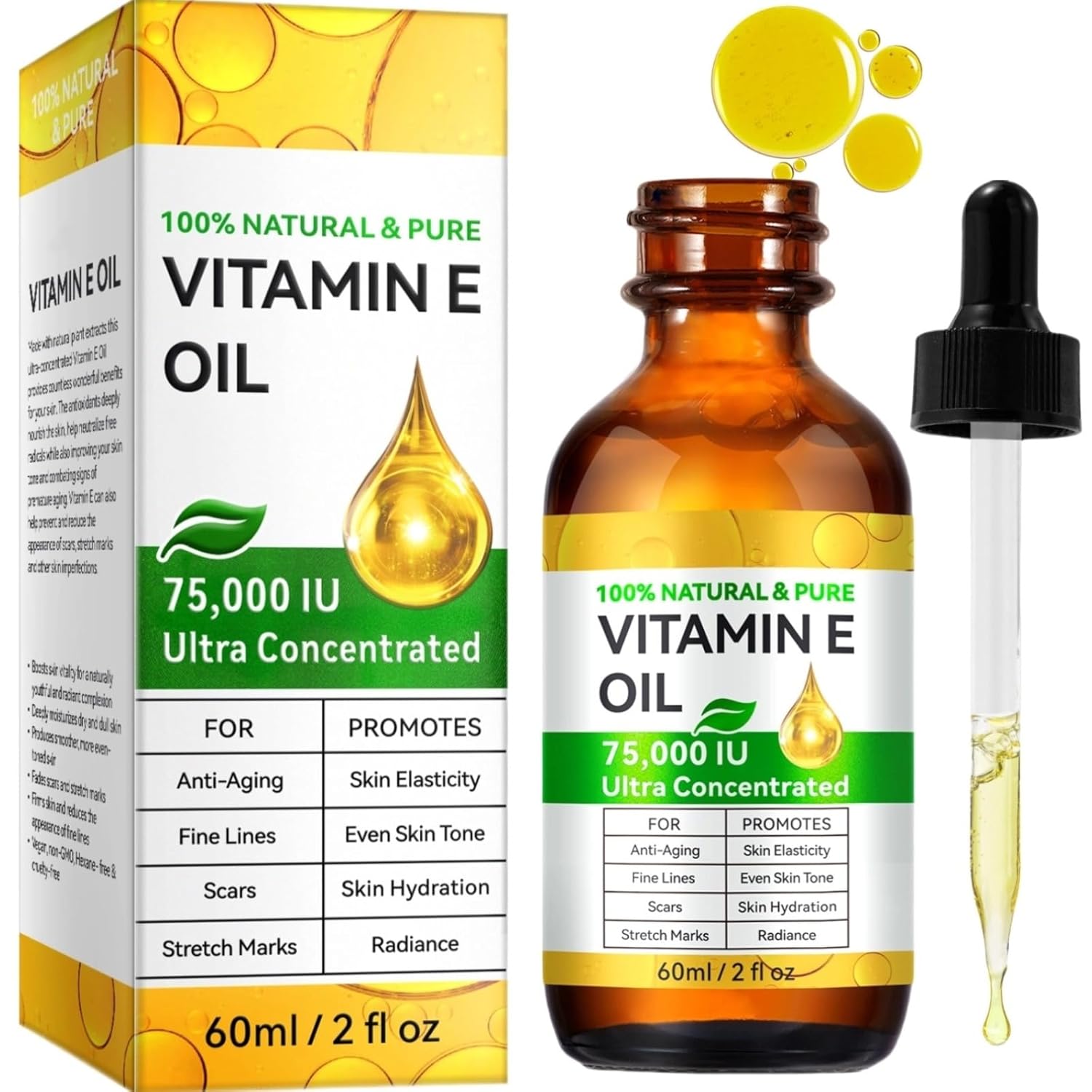 Pure Vitamin E Oil 75,000 IU Multiuse Oil - Unscented Body Care, Face+Body Use Moisture, Skin Repair for Dry Skin, Scars, Nail Care, 2 fl oz
