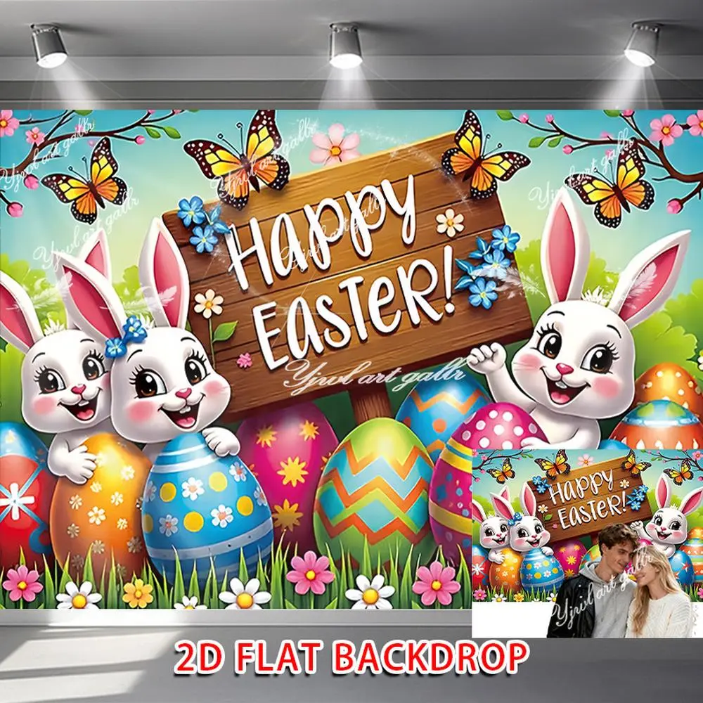 1PC Polyester Reusable 2D Flat Happy Easter Print Wishing Banner - Festive Party Decoration Supplies with Cute Bunny, Colorful Eggs, Butterflies for Children’s Photography, Happy Birthday Ceremony Backdrops