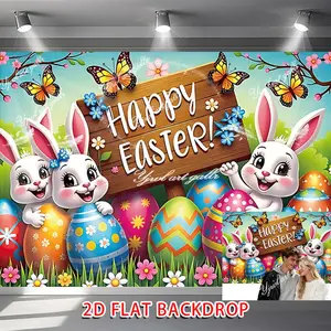 1PC,2D Flat Happy Easter Backdrop Cute Bunny Colorful Eggs Butterflies Decoration Children's Party Photography Background Cloth Festival Decor Banner Family Gathering Photo Prop For Cross - border Tra