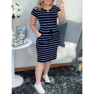 New Casual Double Pocket Striped Drawstring Bodycon Dress