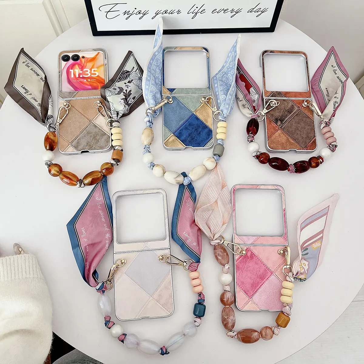 Geometric pattern Cellphone Patterned PU leather protective phone case Cover Accessories with a silk scarf bracelet. The hard PC back plate protects the phone case, suitable for Motorola Razr 2024, Razr 2025, Razr 50, Razr 60, Razr 50 Ultra, Razr 60 Ultra