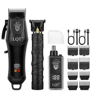 LQT 3-Piece Professional Cordless Men's Grooming Kit - 1200mAh Rechargeable Hair Clipper, Detail Trimmer & Nose Trimmer Set with LED Display, USB Charging, Black Design for Home Haircuts & Beard Grooming