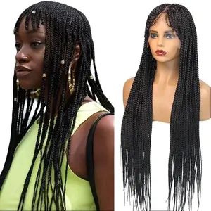 DOSAY Synthetic Knotless Box Braided Wig With Bangs 32'' Handmade Cornrows Braids For Women Blunt Bangs Dreadlocks Jumbo Braids 100% Heat-Resistant Fiber Full Lace 360 Front Adjustable Cap