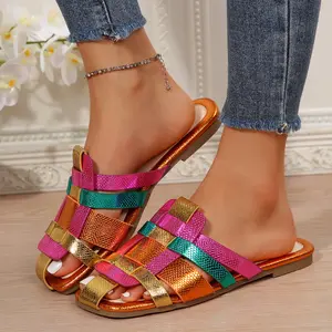Chic Colorblock Square Toe Sandals for Women - Ideal for Summer with Flat Woven Bottom and Open Toe Slides