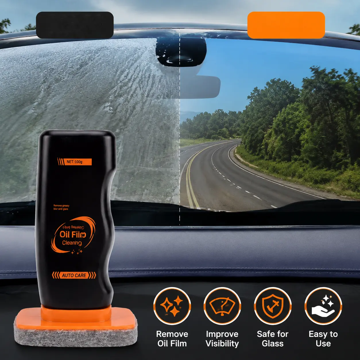 All-in-1 Pro Windshield Oil Film Eraser Bundle Pack, Heavy-Duty Glass Surface Cleaner for Vehicle Windows, Multi-Use Daily Car Care Tool to Quickly Remove Oil Film & Hard Water Marks, Father’s Day Gift for Dad