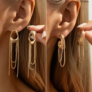 2 Pairs Gold Tassel Earrings Set – No Piercing Ear Cuff & Dangle Stud Earrings | Face Slimming Chain Drop Earrings for Women Daily & Party Wear
