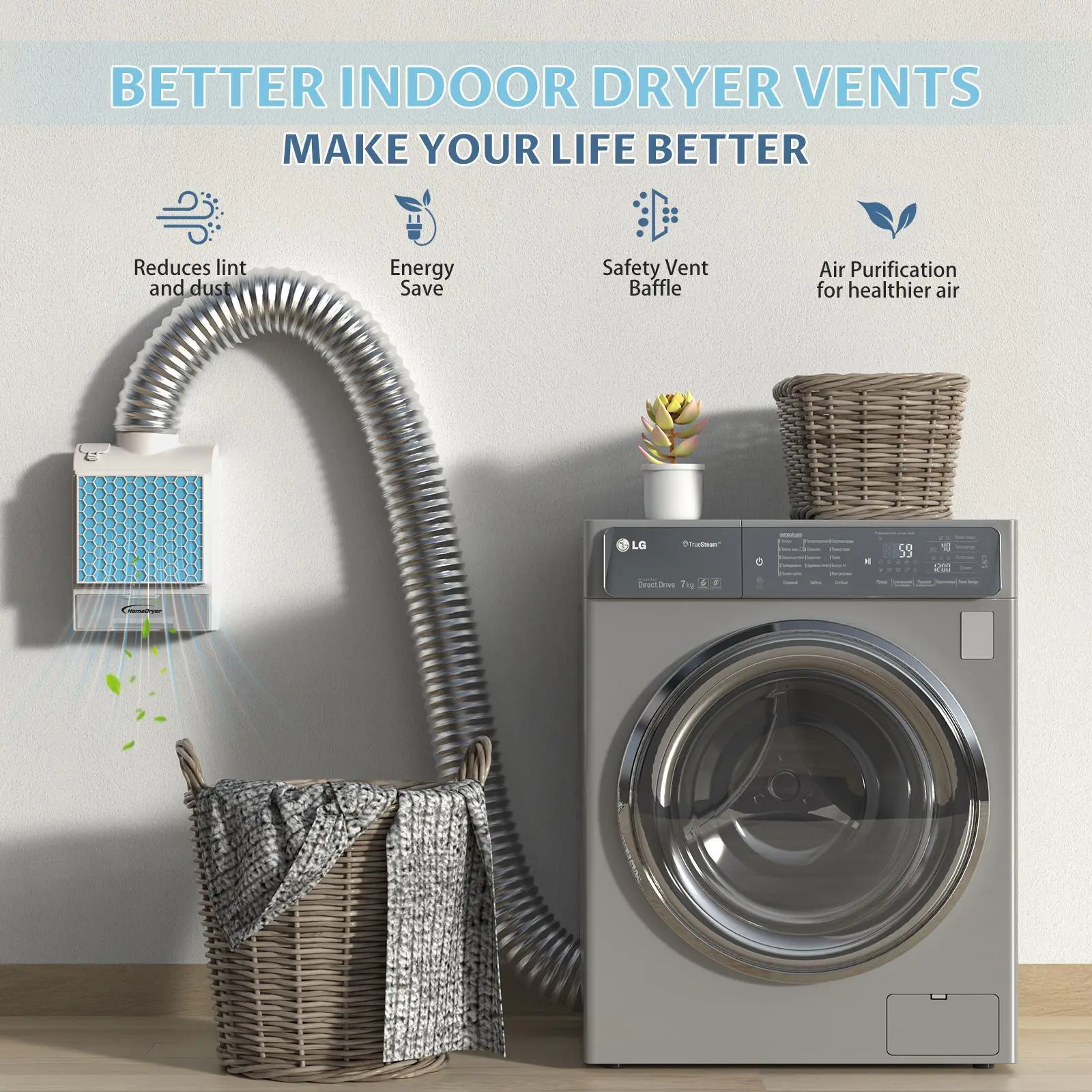 Better 3-in-1 Indoor Dryer Vent Kit Box with Stainless Steel Filter, Power Saving & Air Fresher, Enhanced Air Quality Water Drawer System, Includes 5 Extra Polyester Filters for Electric Clothes Dryers