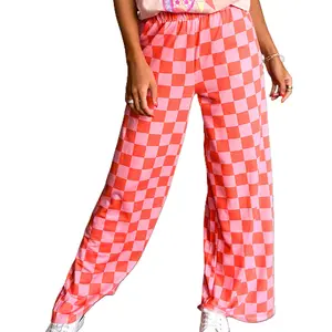 Women Wide-Leg Pants Checkerboard Elastic Waist Loose Trousers Spring Summer Casual Sweatpants Bottoms