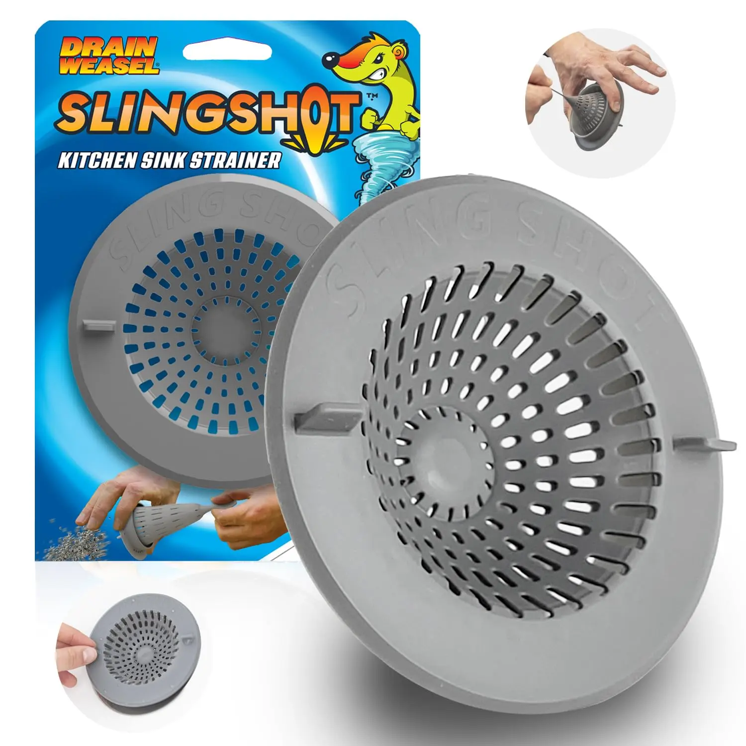 Drain Weasel Slingshot Kitchen Sink Drain Strainer Cover Basket - Plastic, Silicone, Durable, Food Catcher, Stopper, Screen Filter, Dishwasher Clean, Lift-Out Tabs, Easy Waste Removal, Folds to Sling, Pullback to Empty, 1 Pack, High Impact Plastic, 1 Kitc