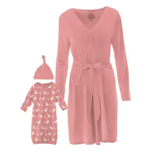 Bamboo Mid Length Lounge Robe & Layette Gown Set - Blush Stork