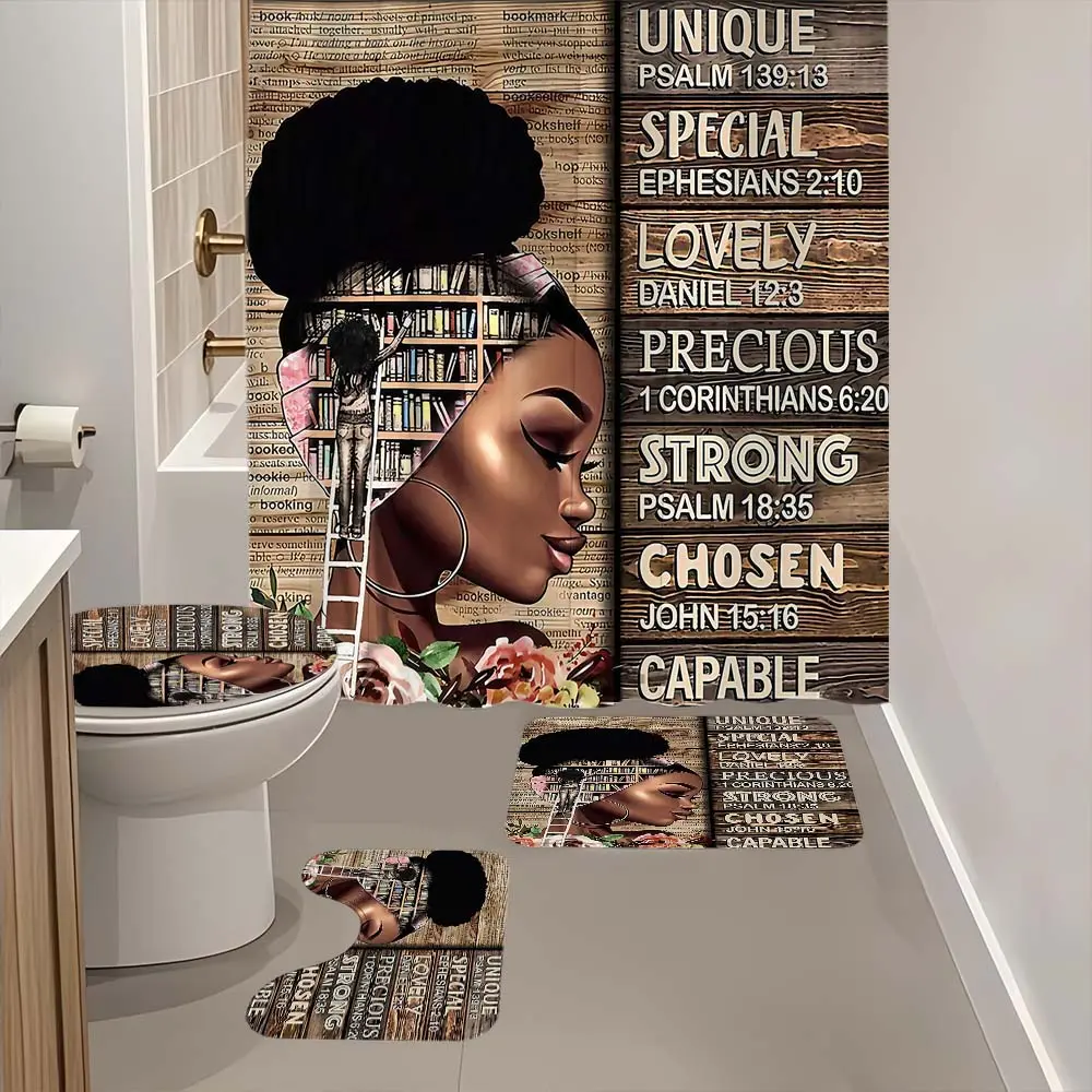 4 piece Black African Woman patterned shower curtain, The 4-piece set includes a single shower curtain, anti slip floor mat, toilet U-shaped mat, toilet lid mat, with shower curtain hook, and belongs to bathroom decoration products