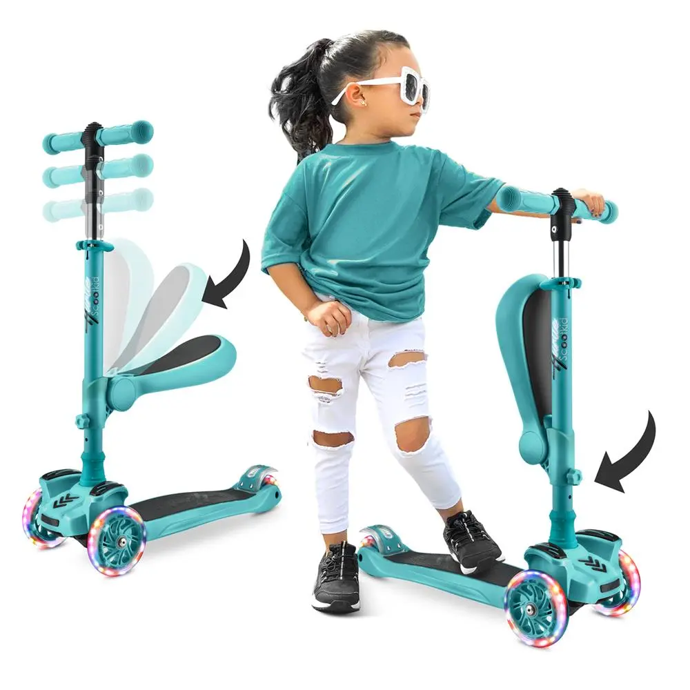 Mini Kids Scooter - Teal Blue | 3-Wheel Kick Scooter with Sit or Stand with Removable Fold-Out Seat - Adjustable Height, LED Wheels, Anti-Slip Deck & Lean-to-Steer Technology - Portable Toddler Scooter for Indoor & Outdoor Play