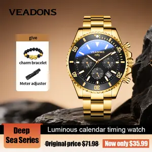 VEADONS Men's Luxury Dress Watch Gold 40mm Stainless Steel Strap Rotating Quartz Movement Waterproof Luminous Large Dial Deep Sea Series Charm Bracelet Included