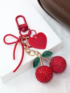 Red Rhinestone Cherry Keychain Ladies Key Ring, Bling Bling Keychains, Sparkling Cherry Pendant,Red Heart & Bow Glitter Cherry Charms,Decorative Bowknot,Cherry Handbag Charm,Cherry Women's Bag Keychain Purse Accessories Key Chain Jewelry Gift for Her